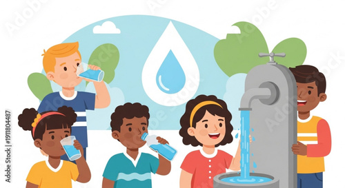 Diverse children drinking clean water from a public fountain concept of hydration and healthy lifestyle vector illustration