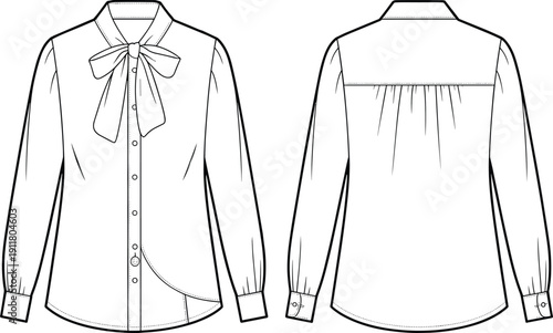 Bow tie blouse fashion CAD template with button-down front, gathered back yoke, long sleeves, curved hem, front and back views