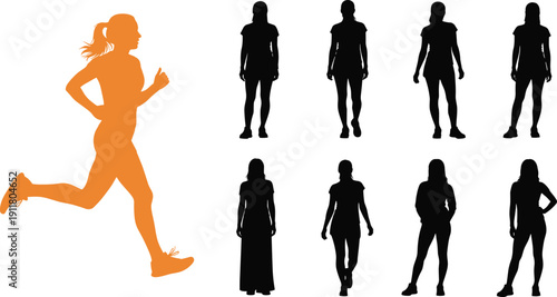 Female silhouette collection with running woman, different standing poses isolated on white background fitness lifestyle illustration set