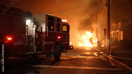 Fire truck with flashing lights and headlights responding to a fire on a dark street at night
