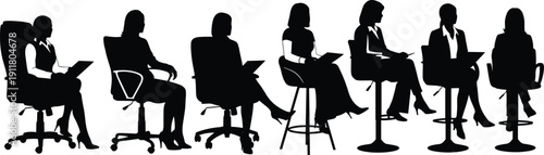 Silhouettes of Professional Business Women Sitting on Office Chairs and Stools in Corporate Meeting, Interview and Leadership Concept Illustration Isolated on White Background