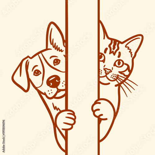 curious cat and dog peeking out together funny doodle drawing