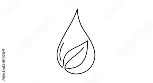 Single line drawing of a water drop with leaf inside representing nature and purity ideal for eco-friendly branding and organic products