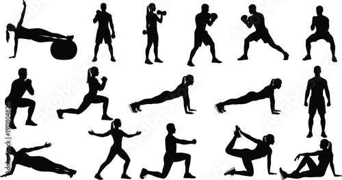 Fitness exercise silhouettes collection, men and women training boxing pushups lunges and stretching isolated on white background illustration set