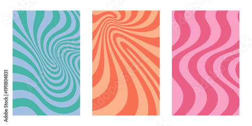 Bold psychedelic swirl background set with vibrant color combination and dynamic spiral composition. Trendy flat vector design for poster, social media and branding.