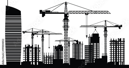 Urban construction site skyline with tower cranes and high rise buildings silhouette vector illustration isolated on white background for architecture industry concept