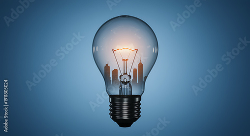 A glowing light bulb with a cityscape inside, symbolizing innovative ideas.