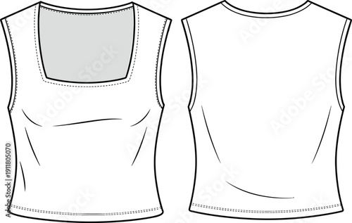 cad drawing flat vector illustration, women’s sleeveless top with wide square neckline, fitted design, casual fashion garment template vector