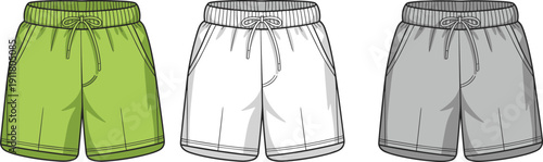 Cad drawing flat vector illustration of three casual shorts template with drawstring waist, pockets, green white gray, front view