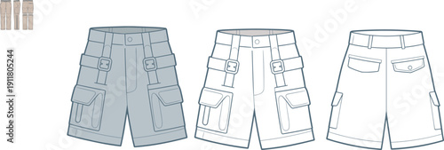 Cargo shorts CAD drawing, flat vector fashion illustration with buckle accents, flap and zip pockets, front and back views