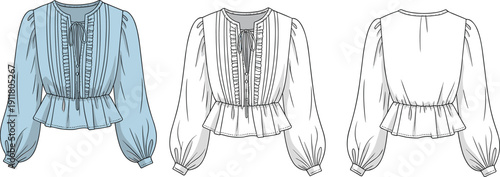 cad drawing flat vector illustration, women's blouse with long puff sleeves, ruffles, drawstring neckline, peplum waist, front, back views