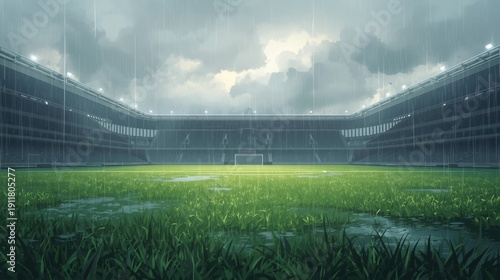 Empty stadium field under a gloomy, rainy sky with lights on