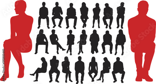 Collection of black silhouettes of people sitting in various poses on a white background Keywords: sitting, people, silhouette