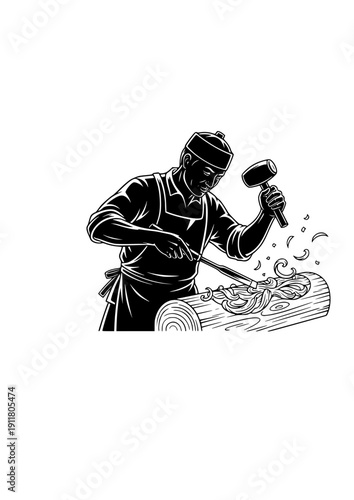 Traditional Woodcarver Artisan Silhouette Local Flavor Heritage Craftsmanship Workshop Vector Illustration