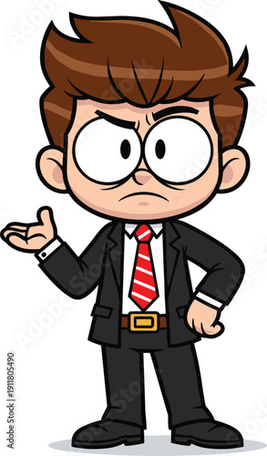 Cartoon businessman, angry expression, black suit, red striped tie, stern face, gesture pose, office character, emotion, attitude, leadership
