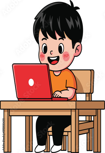 Cartoon child using laptop, digital learning, online education, smiling boy, technology at home, remote study, kids computer activity, illustration