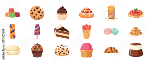 Assorted sweet treats: cookies, pastries, ice cream, and candy collection