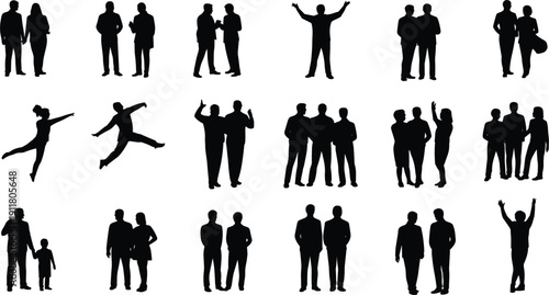 Collection of diverse human silhouettes in various active and social poses on white background vector
