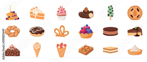 Assorted colorful pastries and desserts collection on white background