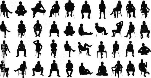 Collection of diverse human silhouettes in various sitting and resting poses Keywords: silhouette, people, sitting, seated