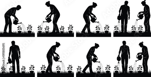 Gardening silhouettes set, man and woman watering plants in garden black vector illustration isolated on white background collection