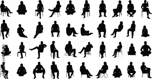 Diverse collection of black silhouettes of people sitting in various postures figures