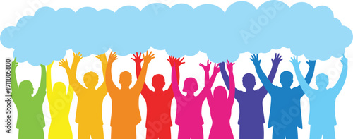 Diverse group of people holding up a large blue cloud with raised hands Keywords: group, people, diversity, unity, celebration