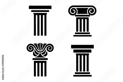 Ancient Classical Column Silhouette Set featuring various Greek and Roman pillar designs, ideal for architectural logos, legal firm branding, and historical education graphics.