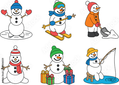 Cute snowman character vector set, showing winter activities like skiing, fishing, skating and holding holiday gifts
