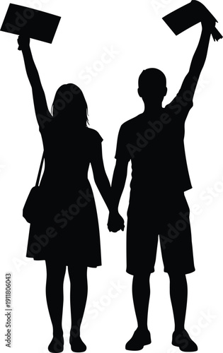 Graduation celebration silhouettes, happy students holding diplomas raised hands, young couple success achievement black vector illustration isolated