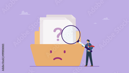 Businessman holding magnifying glass with empty file folder. No data and data search not found concept.