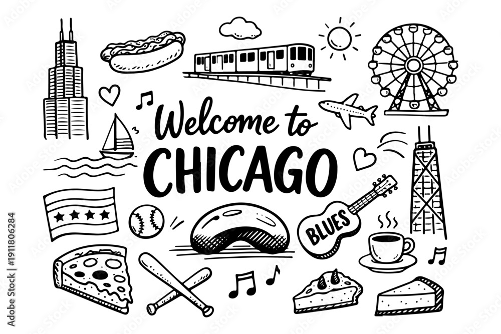 Obraz premium Chicago travel doodle set. Hand drawn USA city landmarks and food sketch illustration.