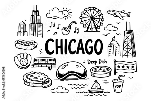 Chicago travel doodle set. Hand drawn USA city landmarks and food sketch illustration.