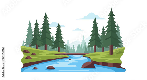 Serene Mountain Range Landscape Vector Illustration with Misty Peaks and Valleys on Isolated White Background