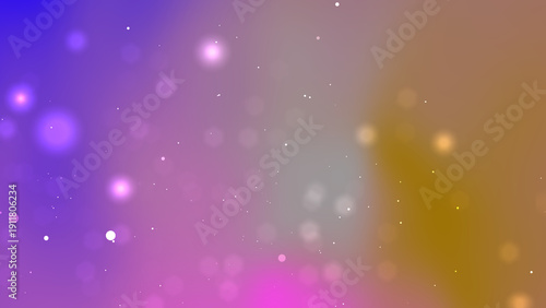 Vibrant particles dancing across a colorful gradient background with bokeh lights and abstract shapes from a close-up viewpoint