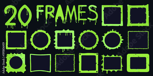A collection of twenty green dripping frame shapes on a black background