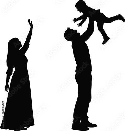 Happy family silhouette with father lifting baby, loving mother reaching hands isolated on white background illustration