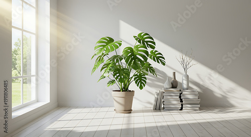 A serene white room with a potted plant on a marble table near a window.
