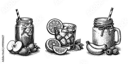 Summer drinks engraving. Hand drawn vintage cocktails and juice sketch illustration.