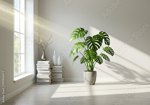 A serene and minimalist room bathed in natural light with a potted plant.