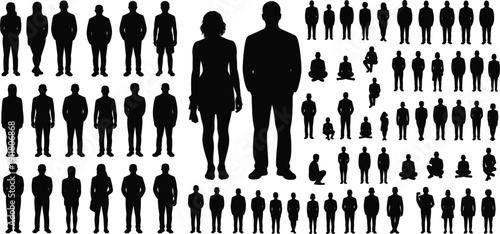 Large collection of diverse human silhouettes in standing and sitting poses Keywords: silhouette, people, standing, sitting