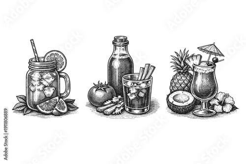 Summer drinks engraving. Hand drawn vintage cocktails and juice sketch illustration.