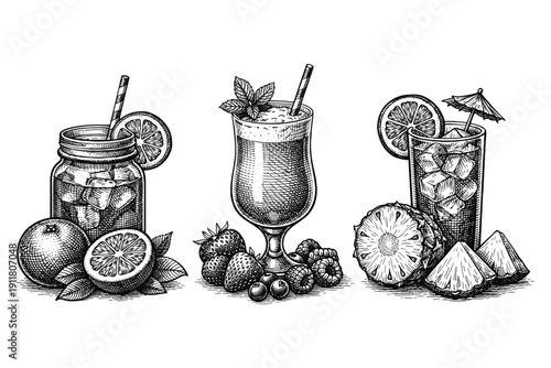 Summer drinks engraving. Hand drawn vintage cocktails and juice sketch illustration.