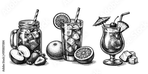Summer drinks engraving. Hand drawn vintage cocktails and juice sketch illustration.