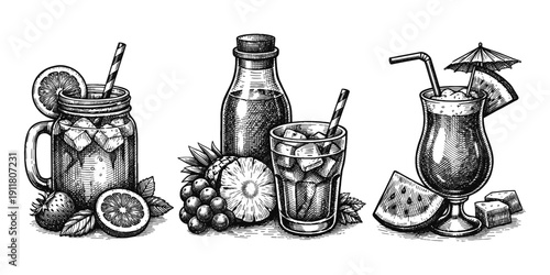 Summer drinks engraving. Hand drawn vintage cocktails and juice sketch illustration.