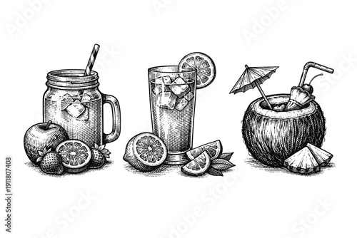 Summer drinks engraving. Hand drawn vintage cocktails and juice sketch illustration.