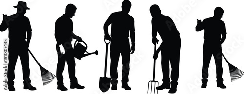 Gardener silhouettes holding tools including rake shovel watering can isolated on white background representing landscaping gardening work illustration