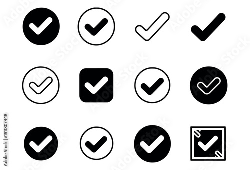Check Mark Icon Collection featuring a comprehensive set of tick symbols in various artistic styles including flat, outline, hand-drawn, and bold geometric shapes for versatile UI/UX design.