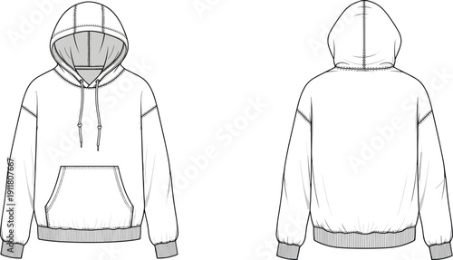 Hoodie technical illustration, front and back view, fashion vector, garment design template, sweatshirt construction, apparel specification drawing
