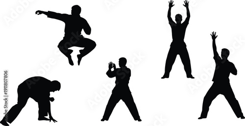Martial arts silhouette set, dynamic exercise poses, black vector art, physical training illustration, movement and stance design pack